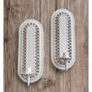 Vintage 1970s Burwood Products White Candle Holder Wall Sconces Set Wicker Look